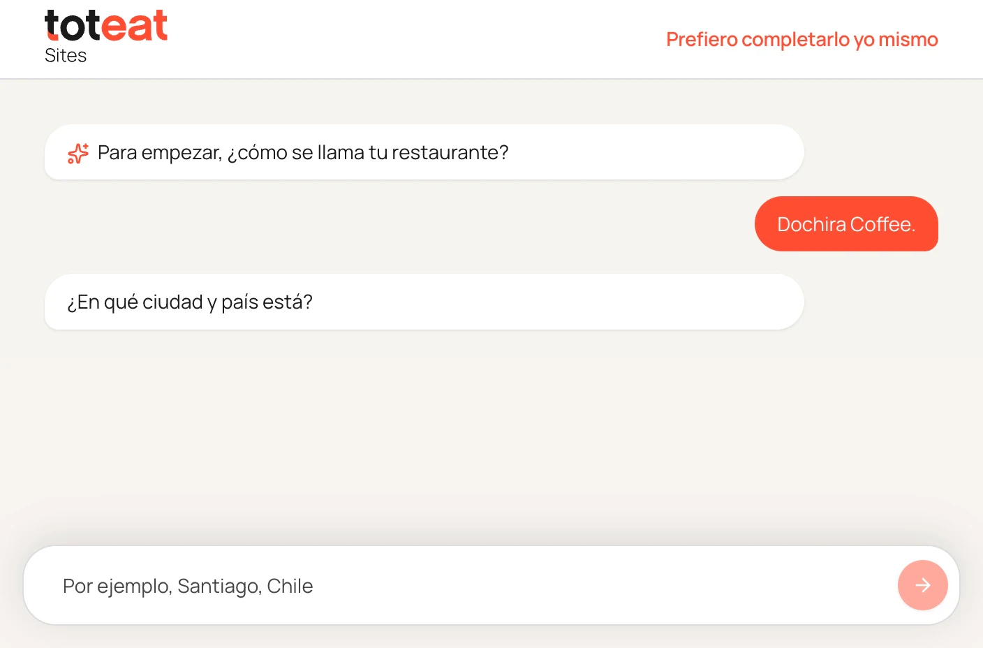 AI assistant chat asking for the restaurant name and city, with the reply Dochira Coffee