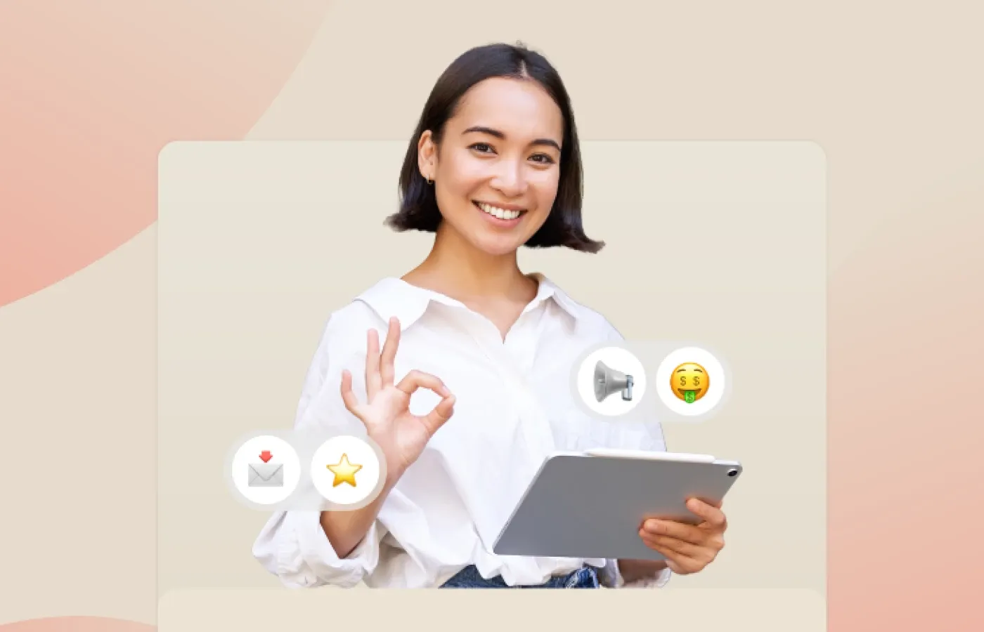 Toteat ad with a woman holding a tablet surrounded by emoji icons