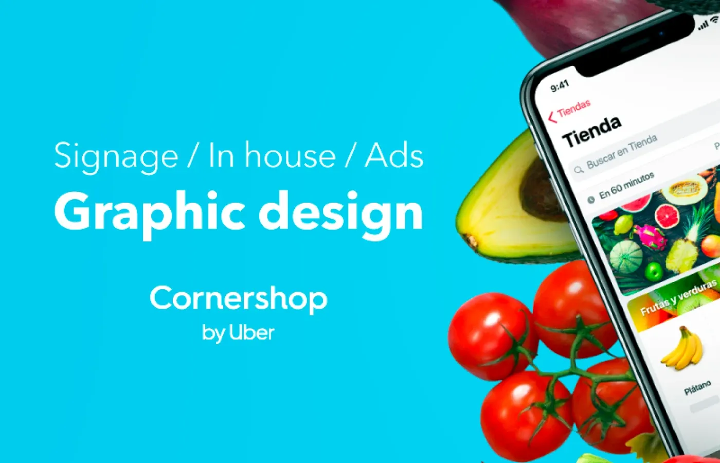 Cornershop graphic design cover with fresh produce and the app on a phone