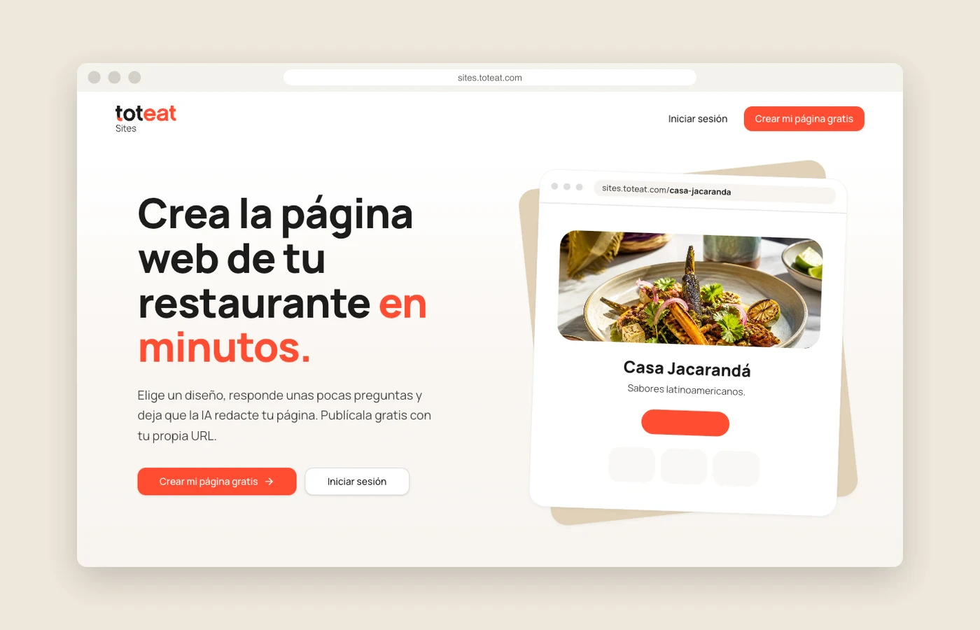 Toteat Sites landing page in a browser window, with the Casa Jacarandá example page