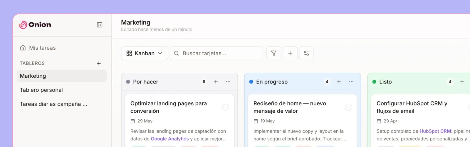 Onion app Kanban board with task columns