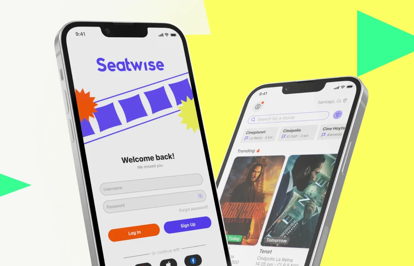 Two phones showing the Seatwise login and movie listings
