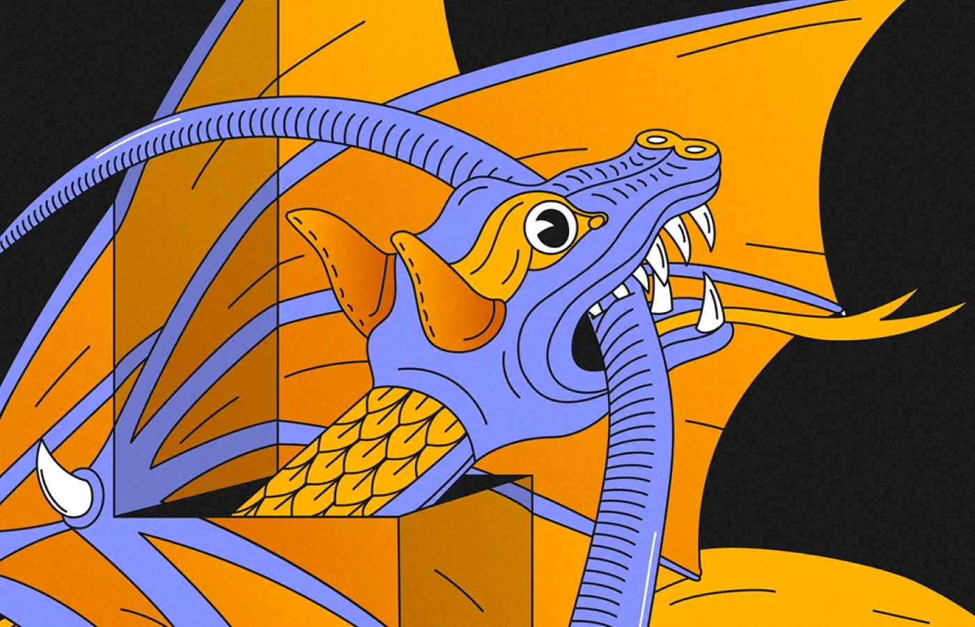 Line art illustration of a purple and orange dragon