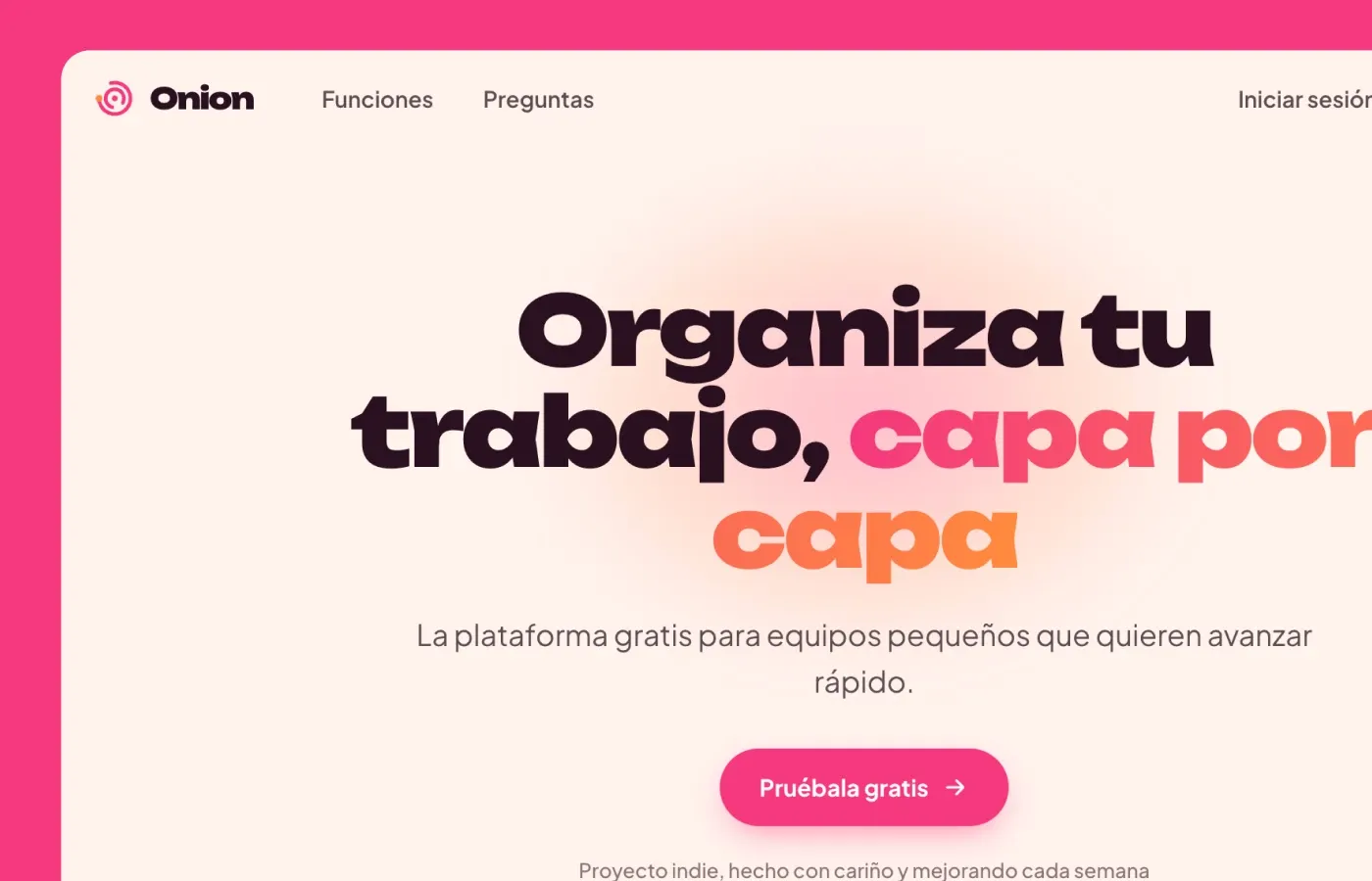 Onion App landing page hero with pink accents