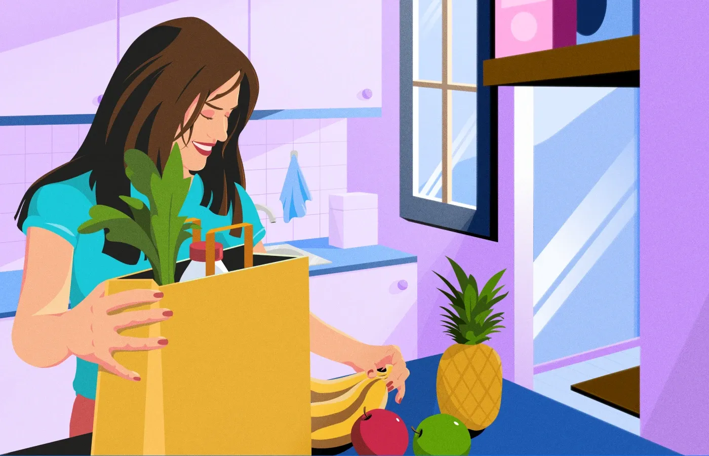 Illustration of a woman unpacking groceries in her kitchen