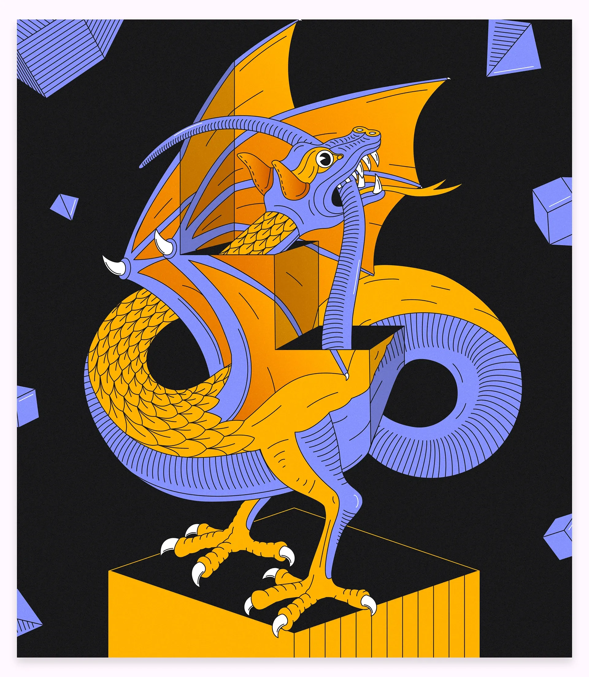Full line art illustration of a purple and orange dragon inspired by MC Escher