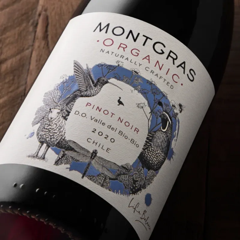 MontGras Organic Pinot Noir bottle with an illustrated label