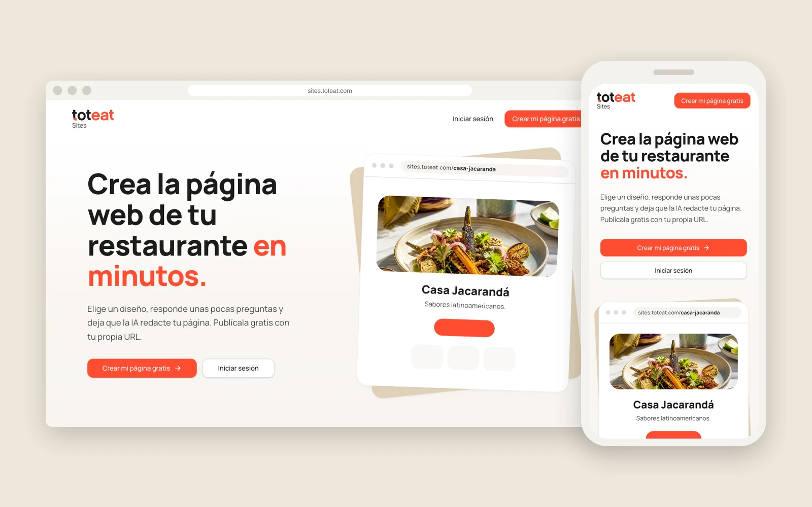 Toteat Sites landing on desktop and mobile, showing the Casa Jacarandá example page