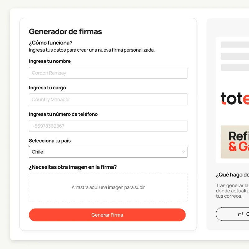 Signature generator form with name, job title, phone and country fields