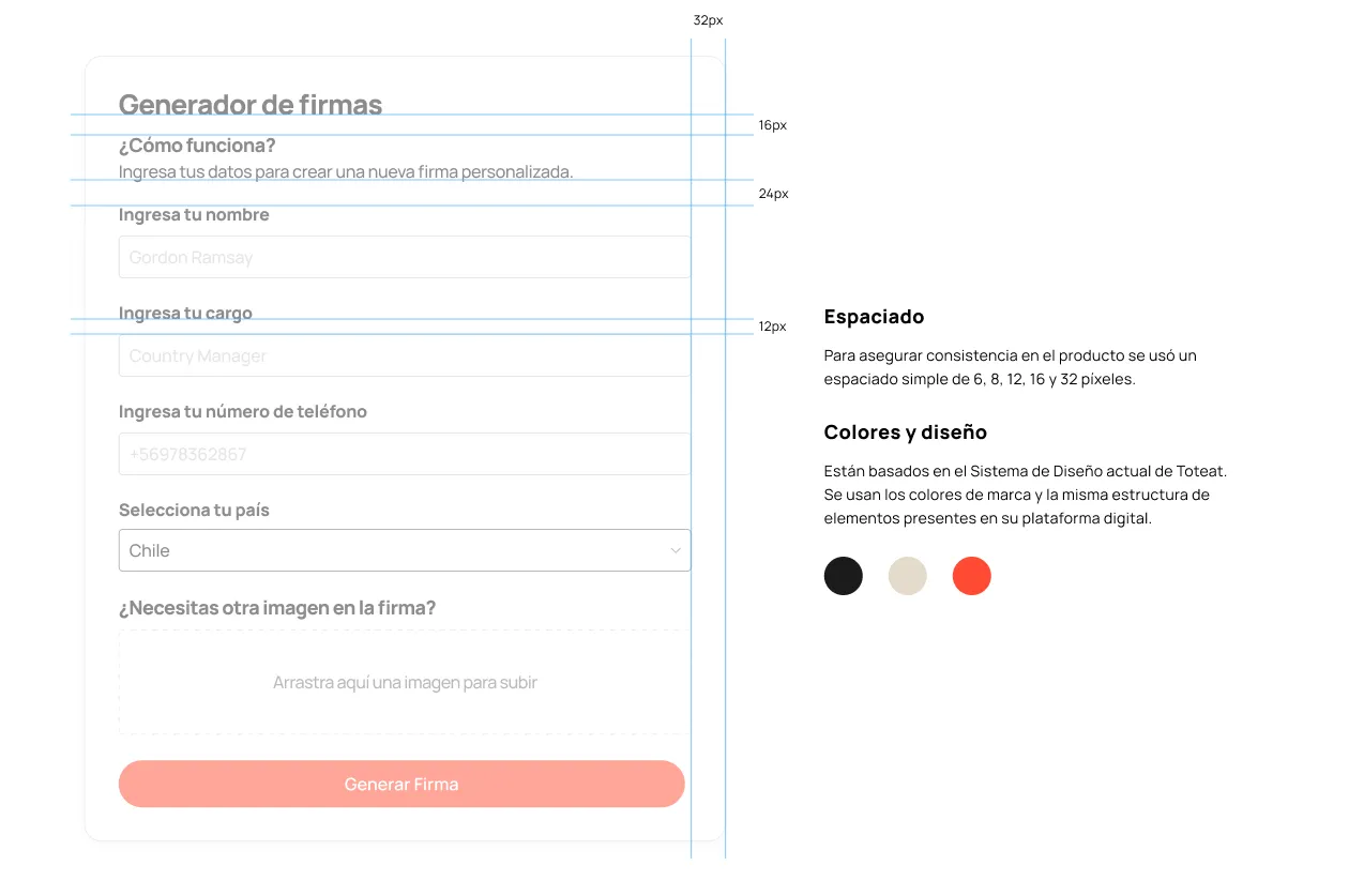 Signature generator layout with spacing guides and brand colors