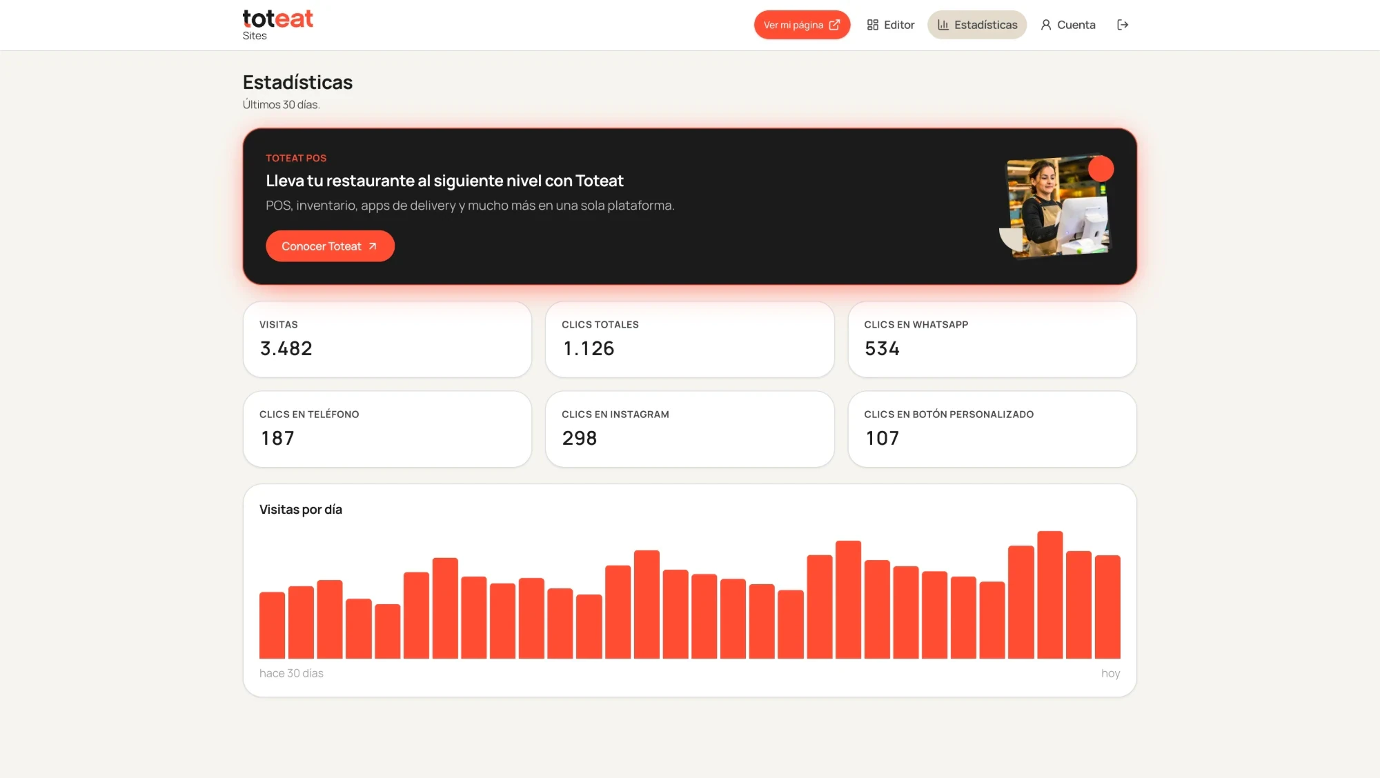 Statistics dashboard with visits, total clicks, and clicks on WhatsApp, phone, Instagram and the custom button, plus a chart of visits per day
