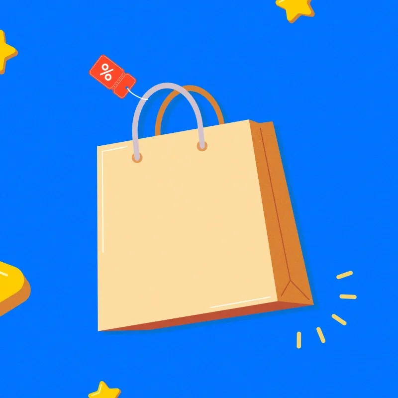 Illustration of a shopping bag with a discount tag on a blue background